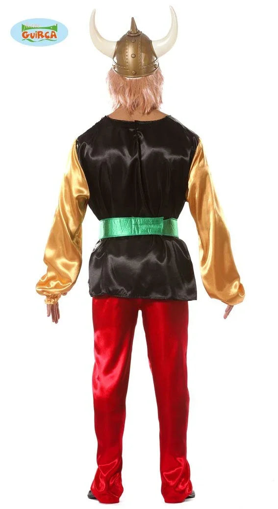 Achteraanzicht feestkleding kostuum met vikinghelm, goudkleurige mouwen en rode broek