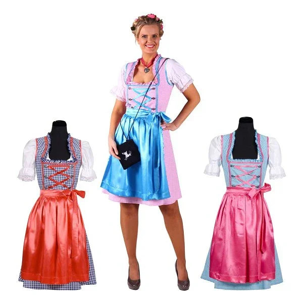 Oktoberfest dirndl jurken voor dames met schort, feestkleding in blauw, roze en rood.