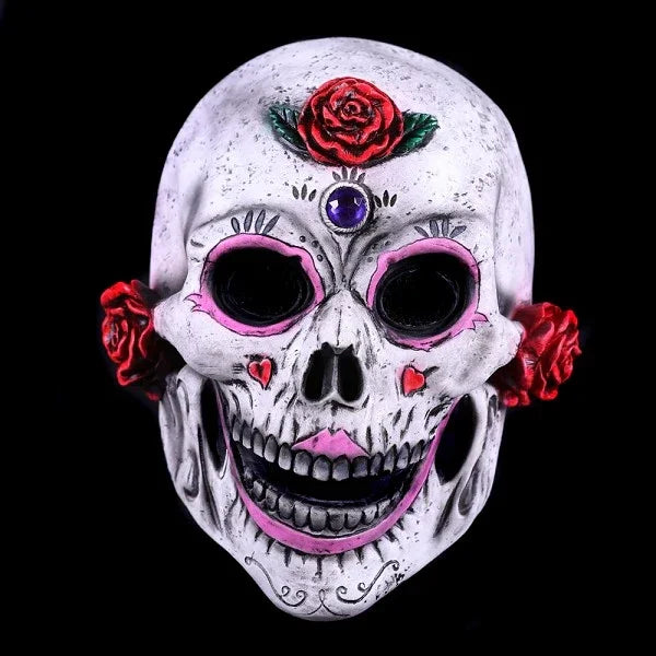 Skelet masker met rode rozen en paarse steen, perfect voor carnaval of Halloween feestkleding