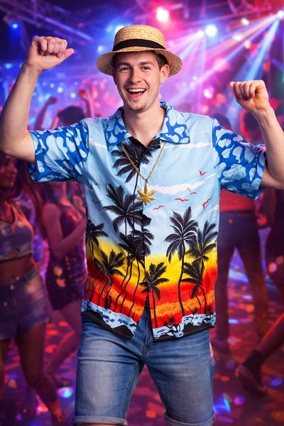 Blauwe Hawaii Blouse gedragen op feestje