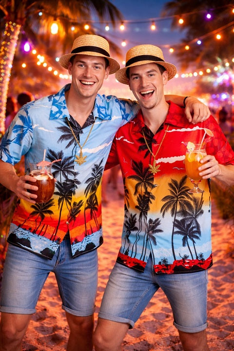 Rode hawaiiblouse gedragen met palmen met de blauwe blouse 