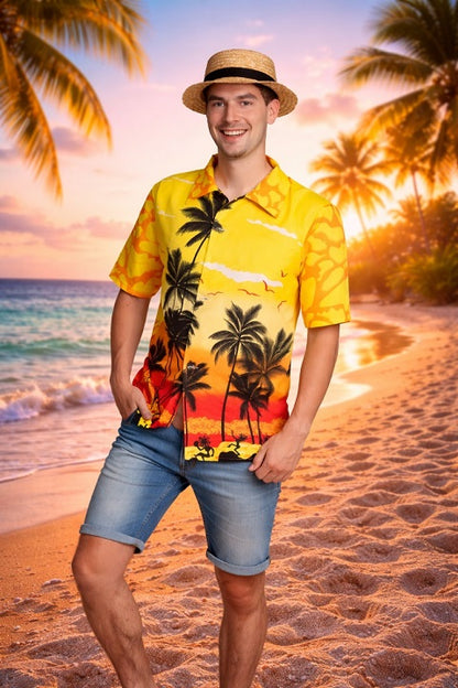 gele hawaii blouse gedragen op strand
