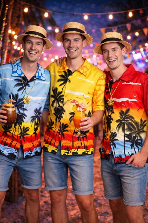 drie hawaiiblouses met palmbomen rood geel en blauw op feestje