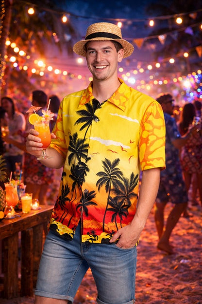Gele tropical blouse op feestje gedragen