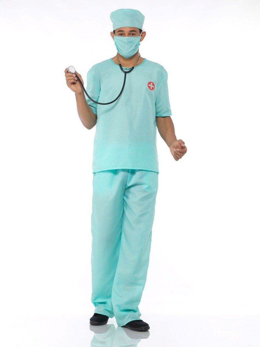 Dokter chirurg kostuum compleet met stethoscoop mondmasker en kapje voor heren voorkant