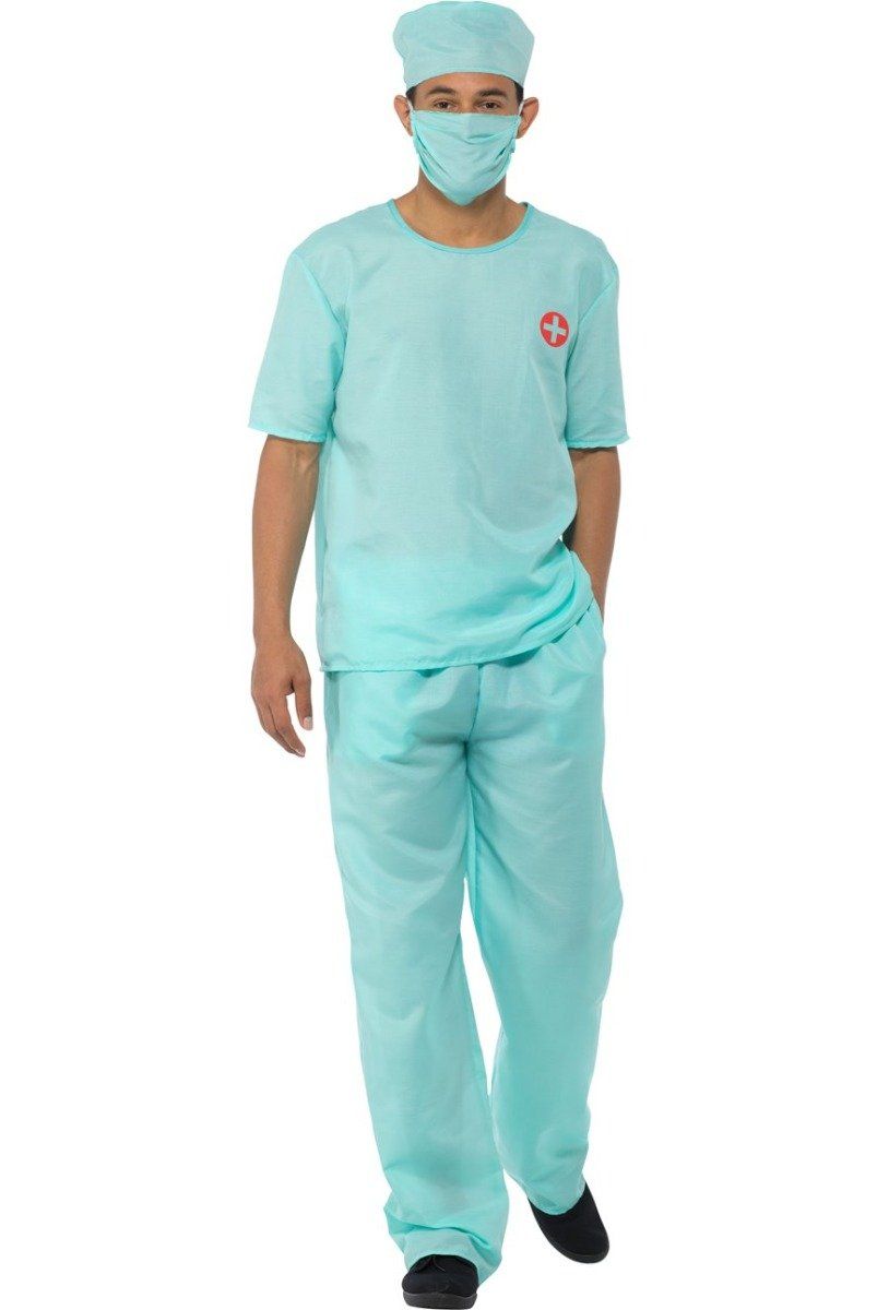 Chirurg kostuum heren met broek en bovenstuk voor carnaval of halloween inclusief mondmasker en kapje voorkant
