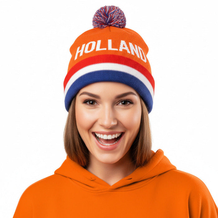 Oranje Holland muts met rood-wit-blauwe pluim gedragen door dame
