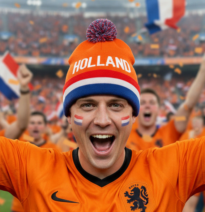 Holland fan muts oranje –  pluim en rood-wit-blauwe rand" oranjefan foto