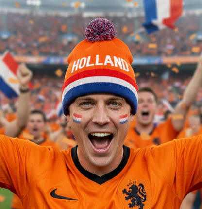 Holland fan muts oranje –  pluim en rood-wit-blauwe rand" oranjefan foto