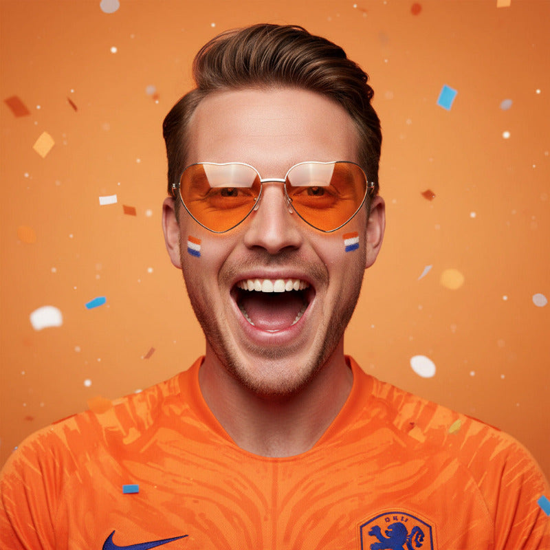 oranje hartjesbril gedragen door oranjefan man