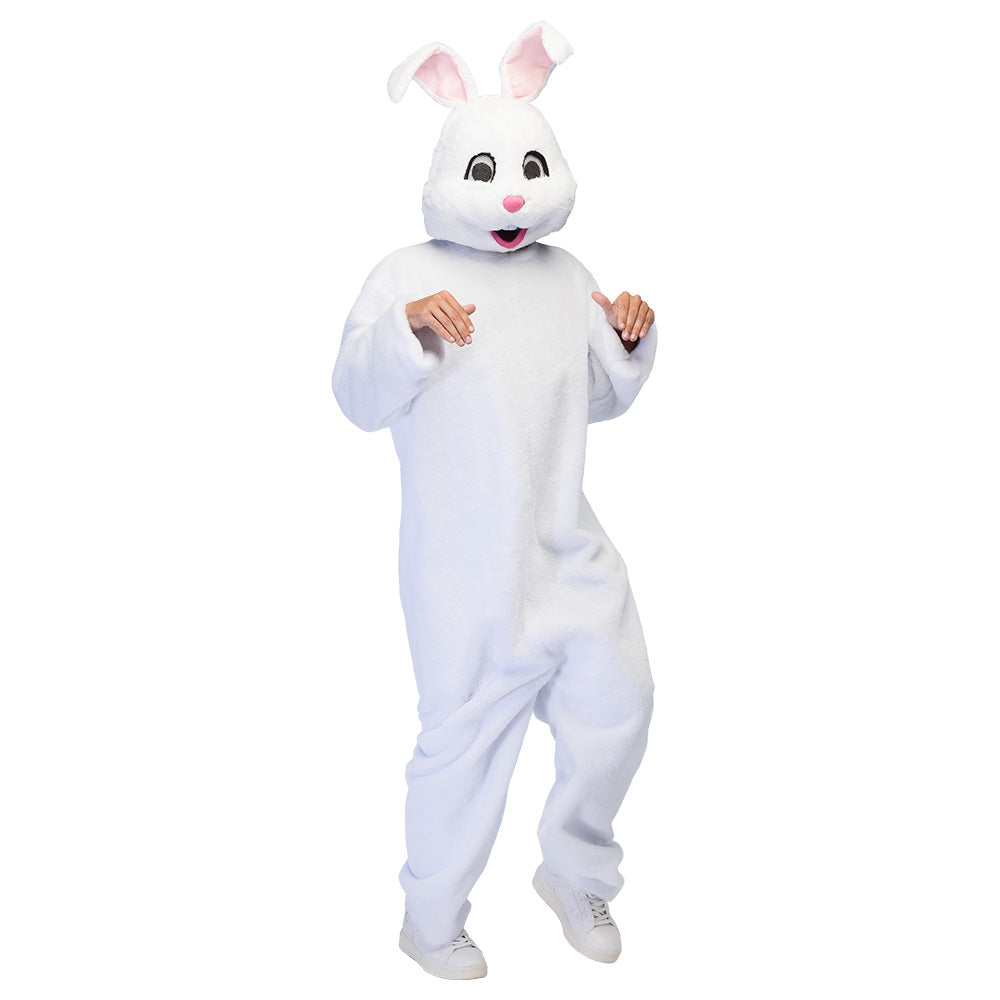 Wit pluche bunny kostuum volledig aanzicht – paashaas pak met gezichtsmasker 