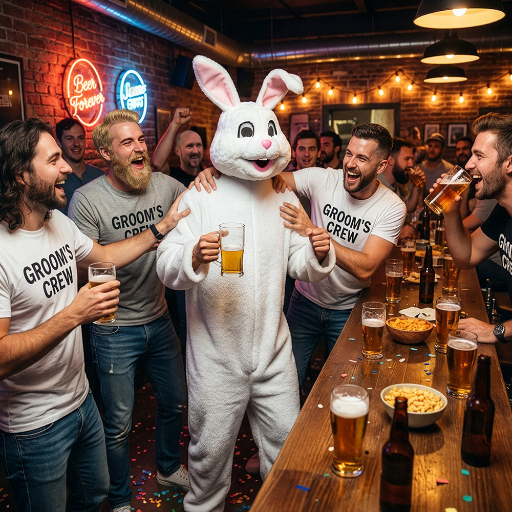 Bunny kostuum wit gedragen – feestkonijn look voor vrijgezellenfeest of animatie 