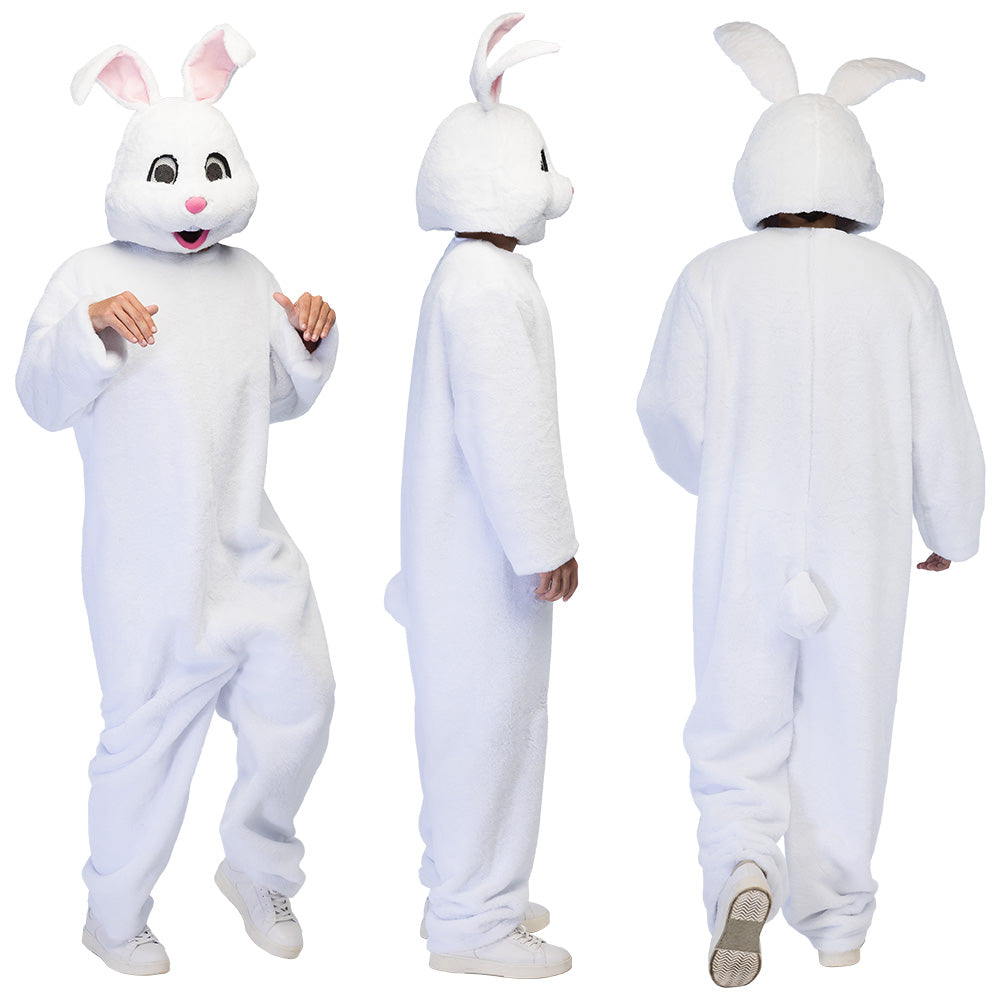 Wit konijnenkostuum vooraanzicht – onesie met pluche afwerking en bunny-oren 