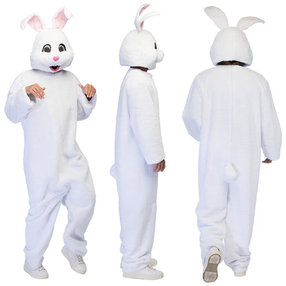 Wit konijnenkostuum vooraanzicht – onesie met pluche afwerking en bunny-oren 