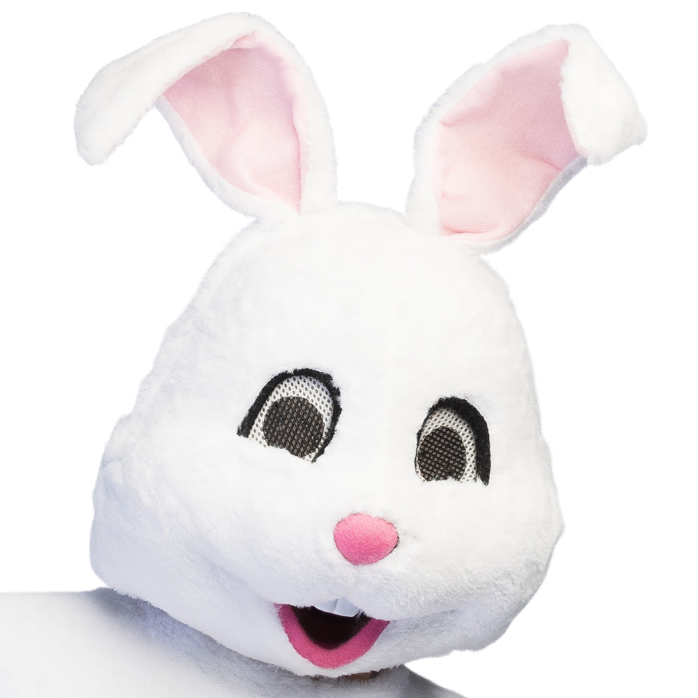 Pluche konijnenpak wit – detailopname masker en onesie voor carnaval of themafeest 
