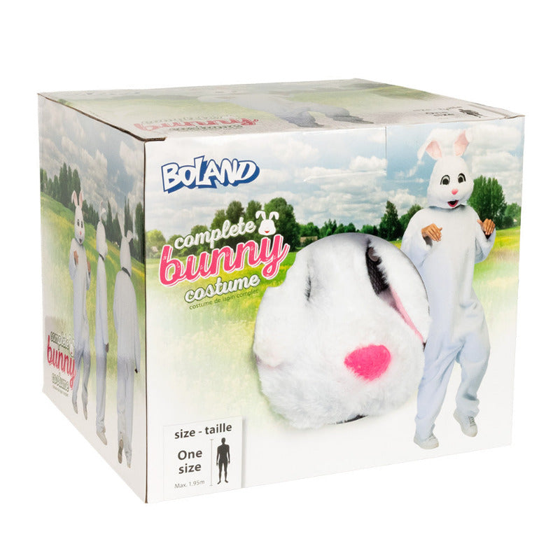 Pluche konijnenpak wit – detailopname masker en onesie voor carnaval of themafeest 