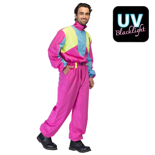 Skipak Snow Blizzard Dude heren neon roze retro apres-ski kostuum voorkant