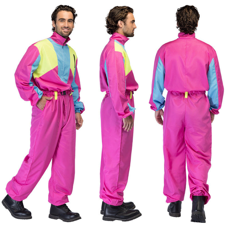 Retro skipak heren neon roze turquoise jaren 80 wintersport outfit detail
