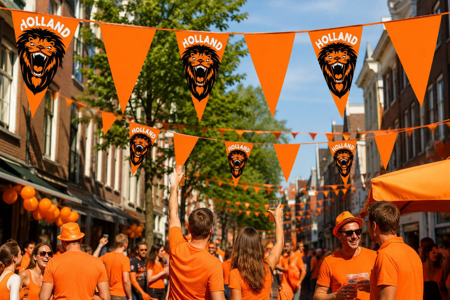 oranje vlaggenlijnen in e straat sfeerbeeld