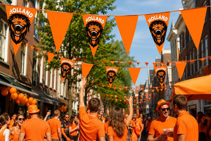 oranje vlaggenlijnen in e straat sfeerbeeld