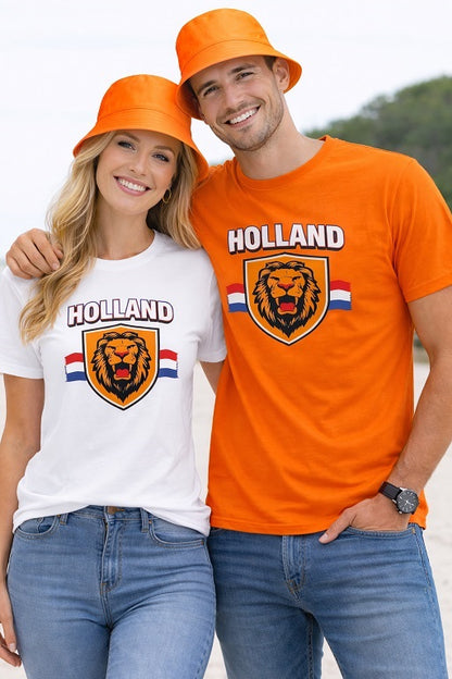 oranje en wit koningsdag shirt gedragen door man en vrouw met oranje buckethead