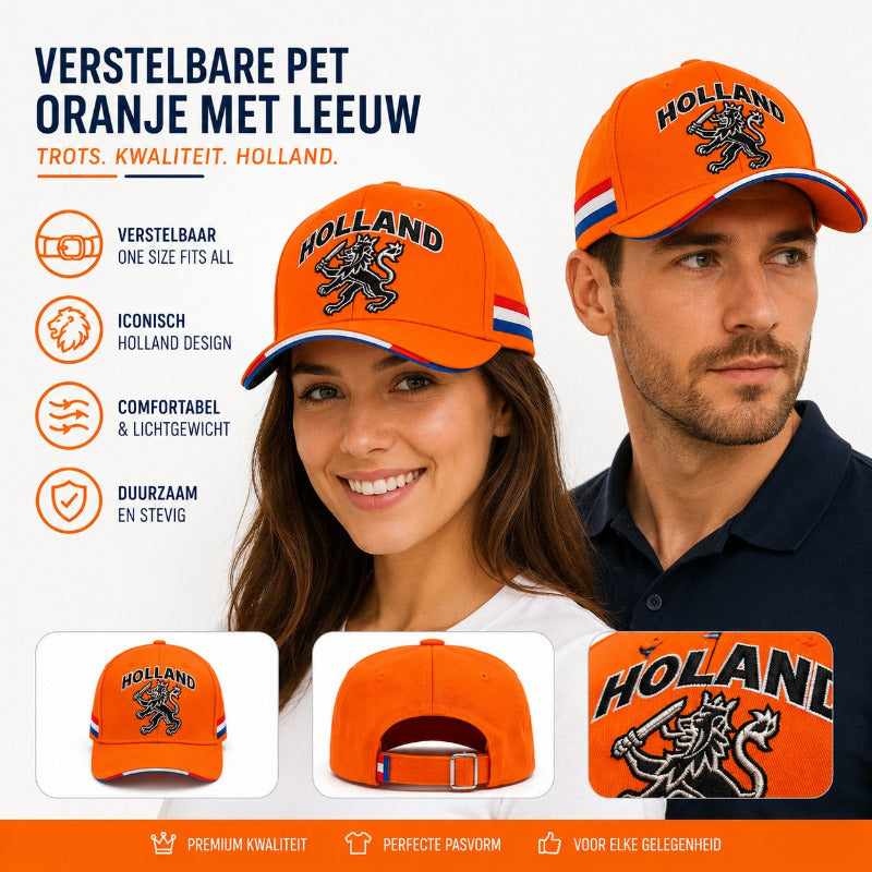 oranje pet met leeuw gedragen door dame en heer