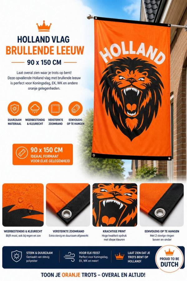 Polyester vlag Brullende leeuw 'Holland' opgehangen aan stok met pecificaties