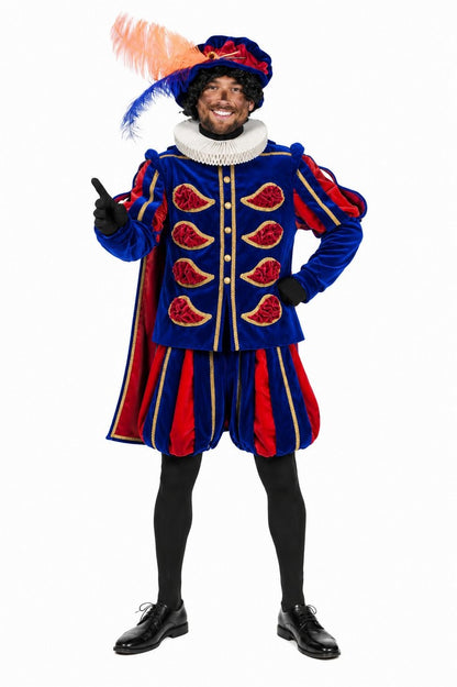 Luwelen hoofdpietenpak met cape blauw-Rood gedragen door Piet