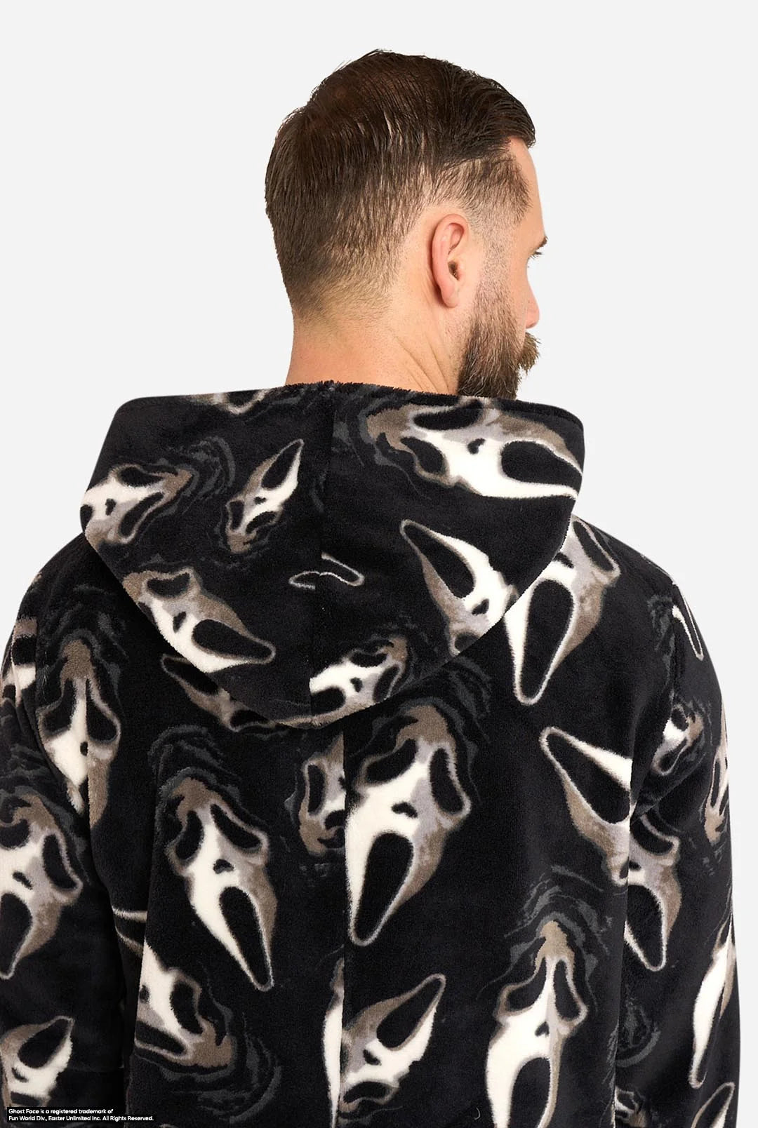 Detail van de stof en zak van de OppoSuits Ghost Face Onesie