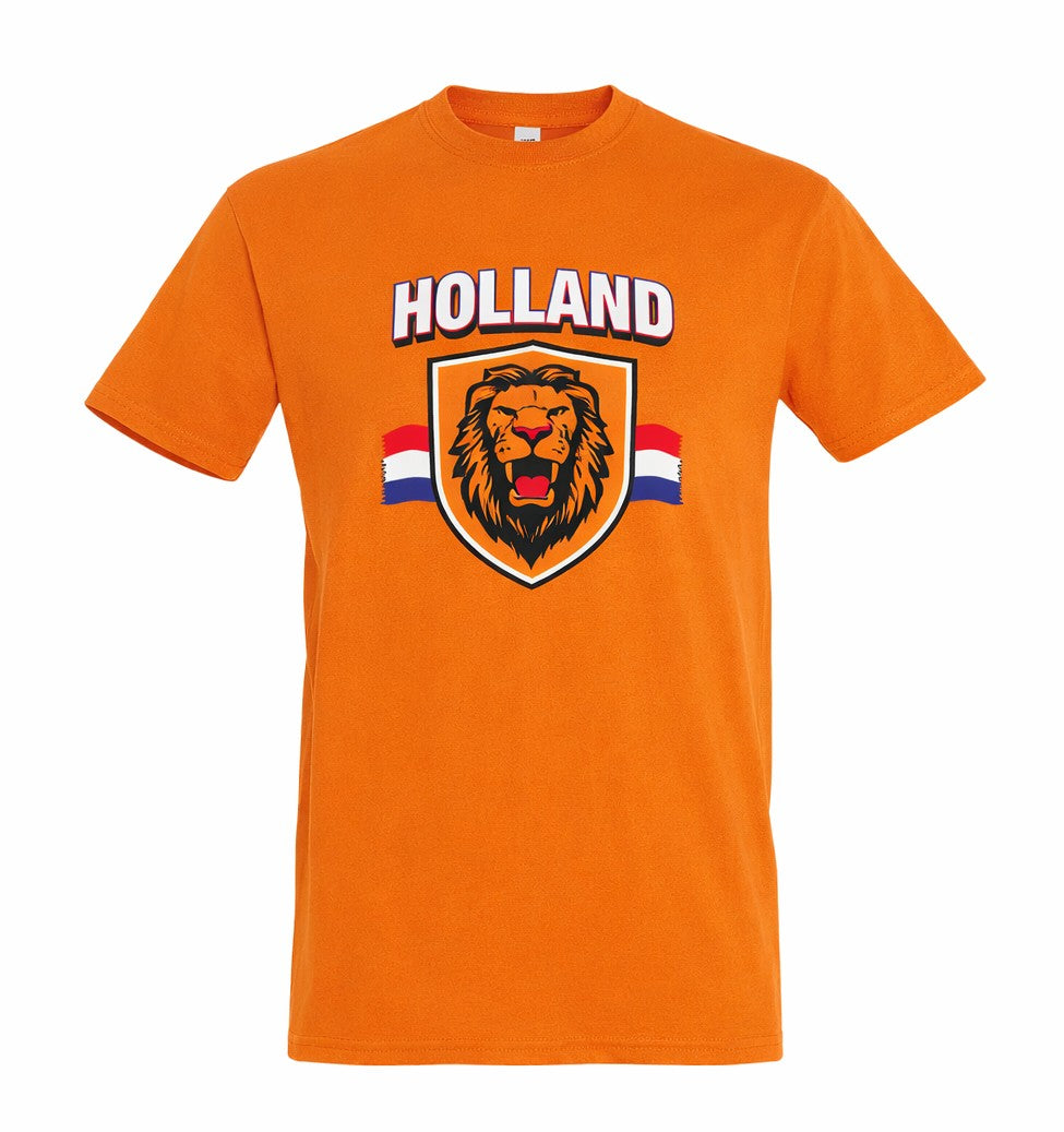 Fel oranje Holland shirt met leeuw en Nederlandse vlag — Koningsdag en WK 2026