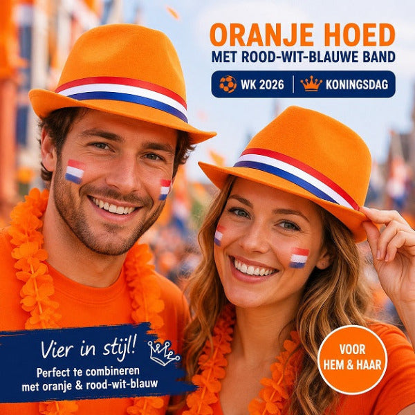 Oranje hoed met rood wit blauwe band - Koningsdag