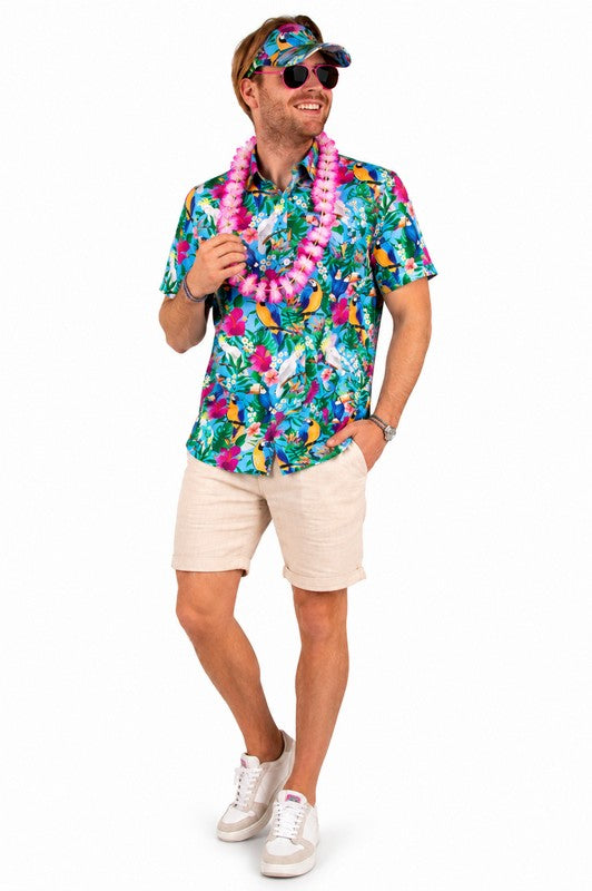 Hawaii Blouse Heren met Gratis Zonneklep – Papegaaienprint