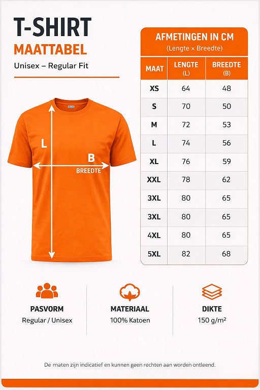 maattabel oranje  Shirt met leeuw witte versie