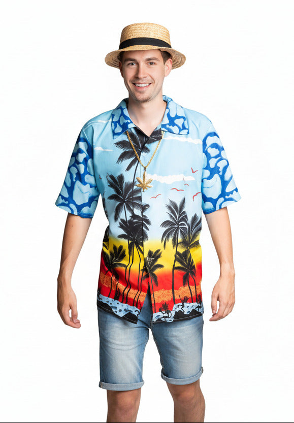 tropical blouse blauw met palmbomen