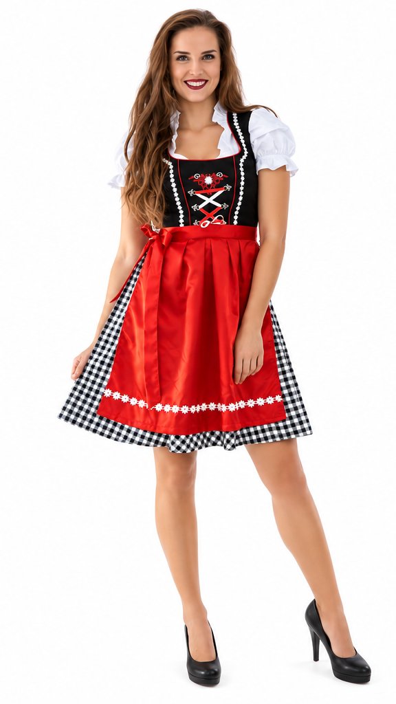 Dirndl zwart wit rood model op witte achtergrond