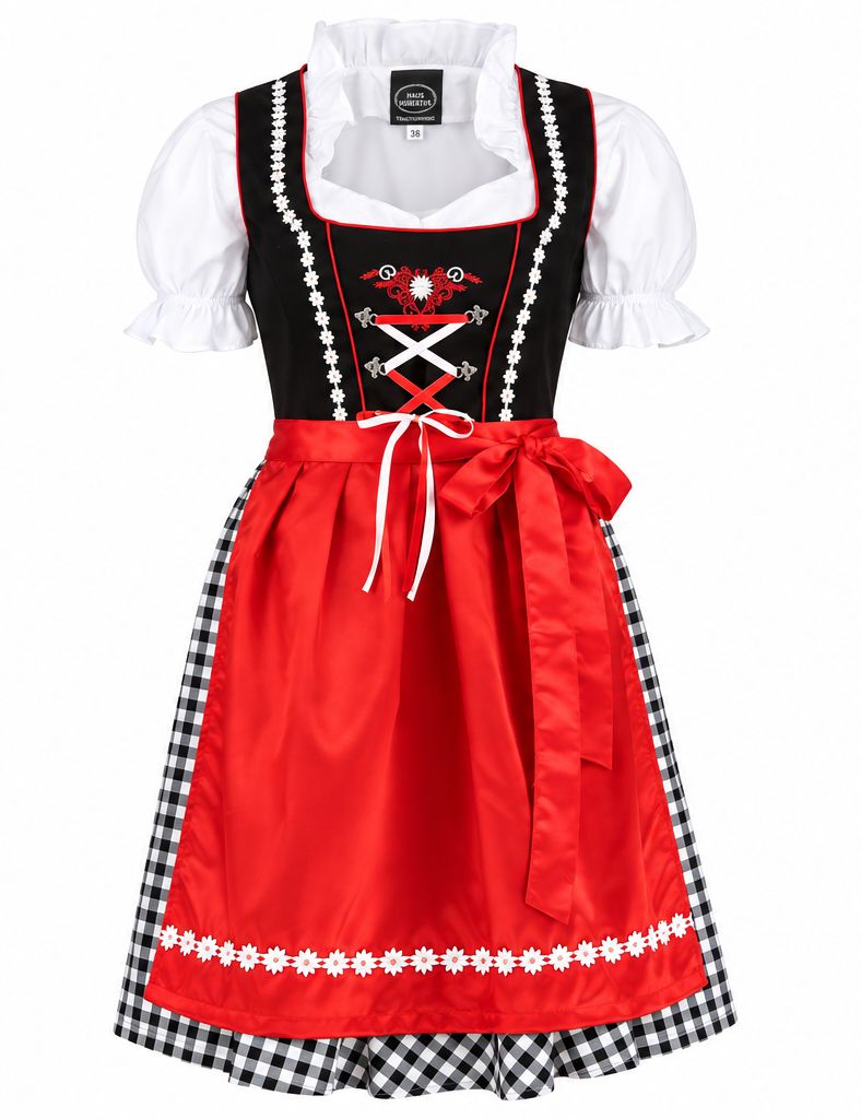 Dirndl zwart wit rood productfoto op witte achtergrond