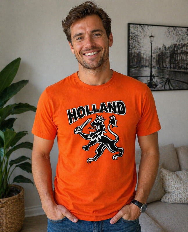 oranje fanshirt met leeuw gedragen door heer 