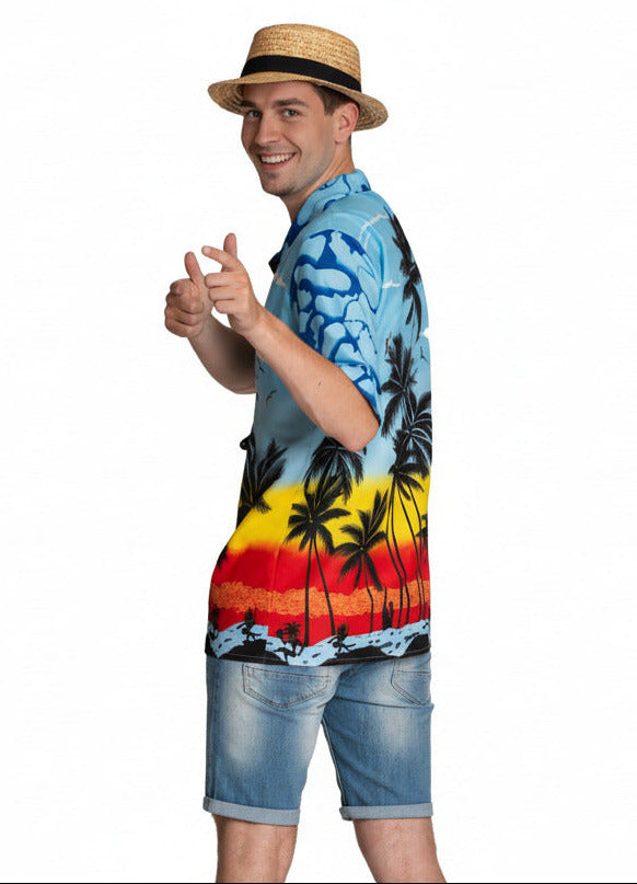 Blauwe Hawaii blouse met paradijsprint - detail tropisch patroon - Miami Vice Summer Chic"