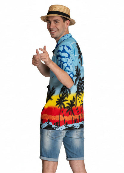 Blauwe Hawaii blouse met paradijsprint - detail tropisch patroon - Miami Vice Summer Chic"