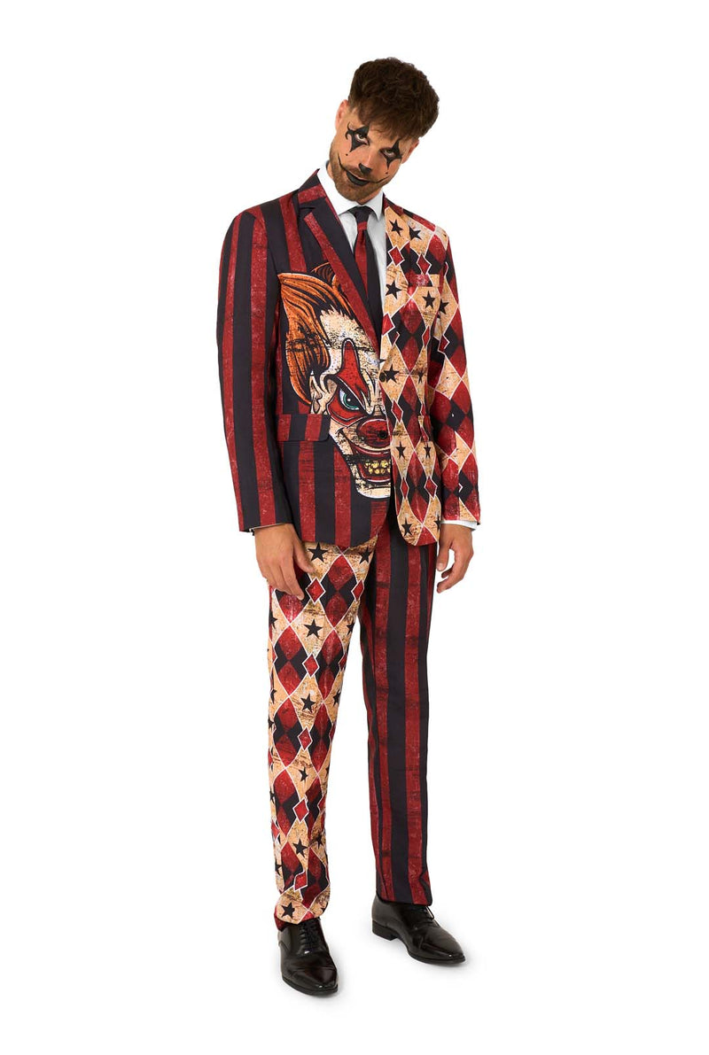 Achterkant van het Suitmeister Scary Clown Red Halloween pak voor heren