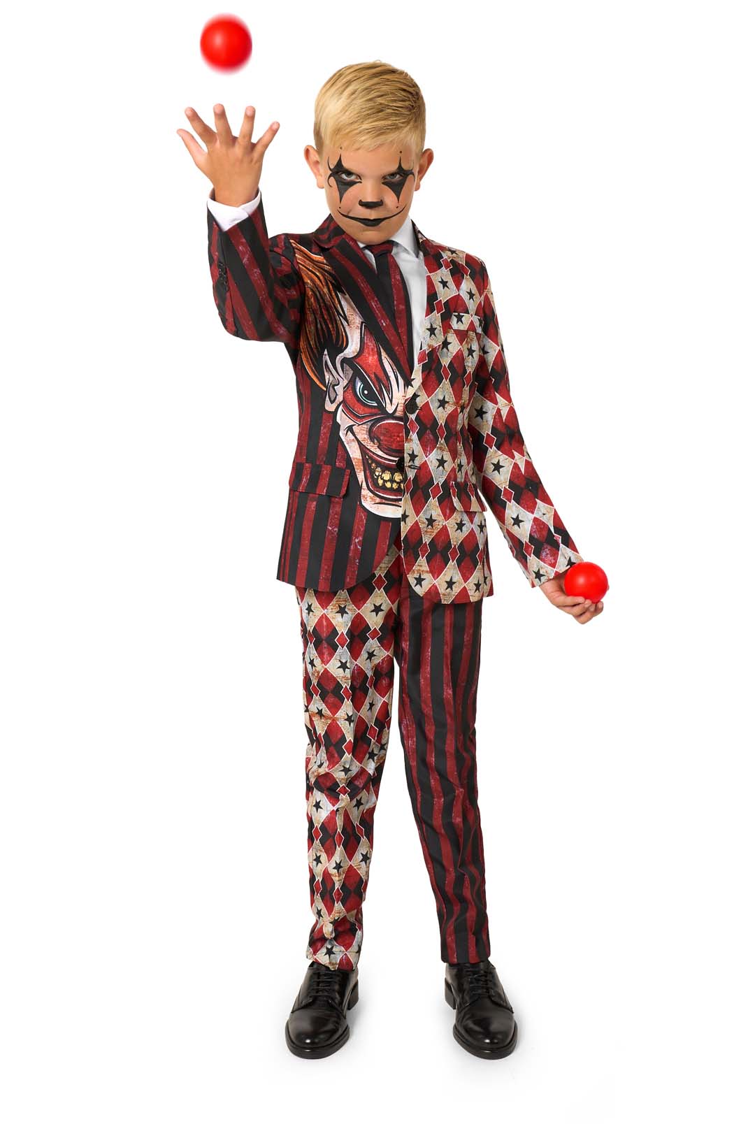 Suitmeister Scary Clown Red jongens kostuum met clownsmake-up