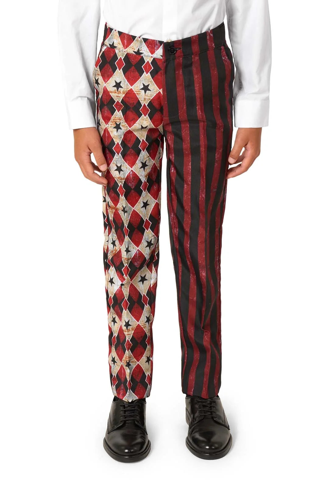 Detail van de broek van het Suitmeister Scary Clown Red jongens kostuum