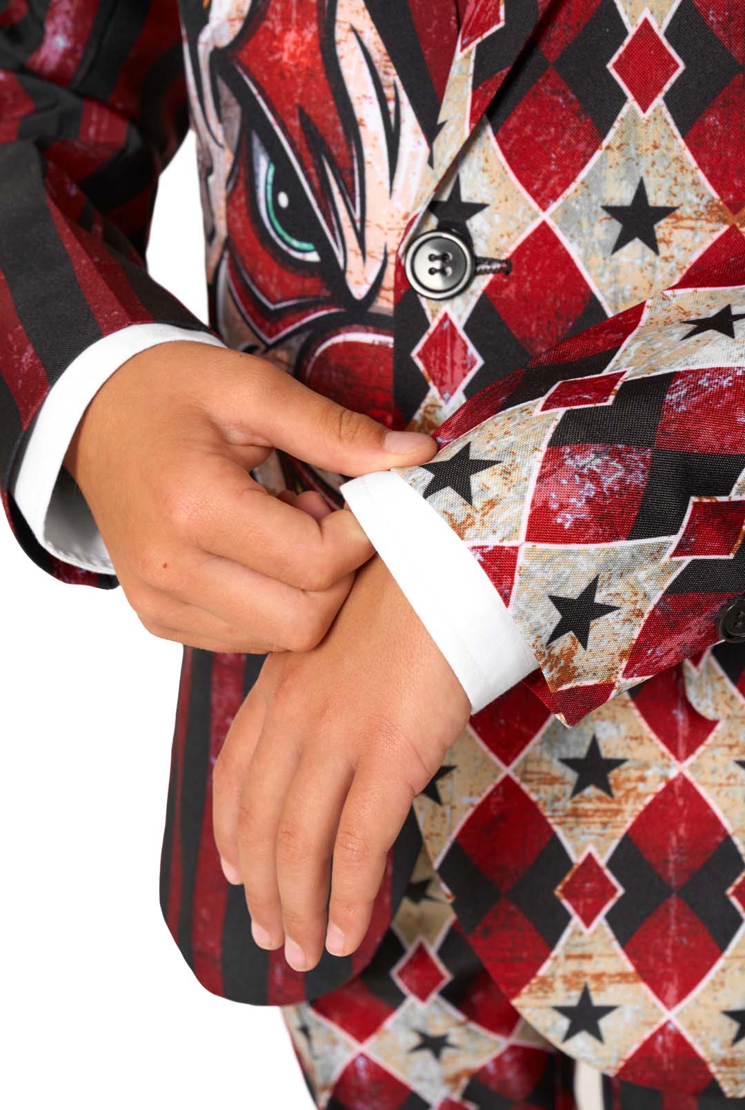 Detail van de mouw en stof van het Suitmeister Scary Clown Red jongens kostuum