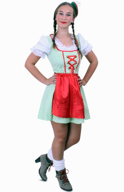 Tiroler jurk kort Sarah groen/wit met rood schortje